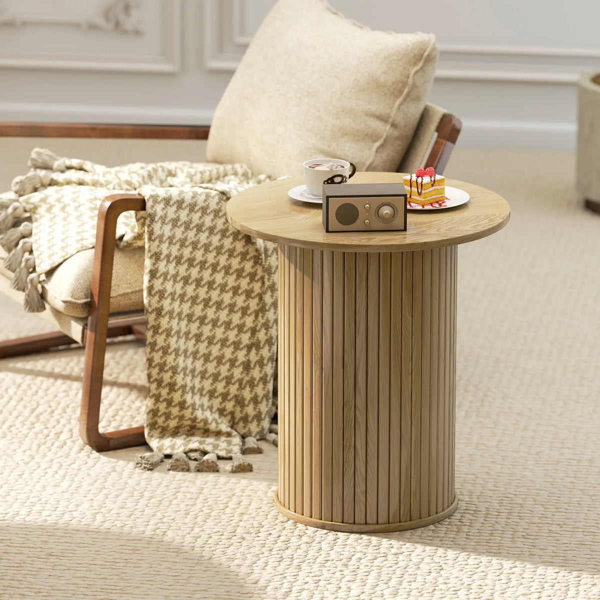 Round Side Table, Fluted Accent End Table, Narrow Nightstand, Oak Side Tables at Gallery Canada