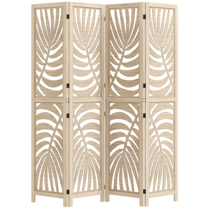 4 Panel Room Divider, Detachable Folding Privacy Screen, Palm Leaf Design, Natural Wood Finish Room Dividers Natural at Gallery Canada