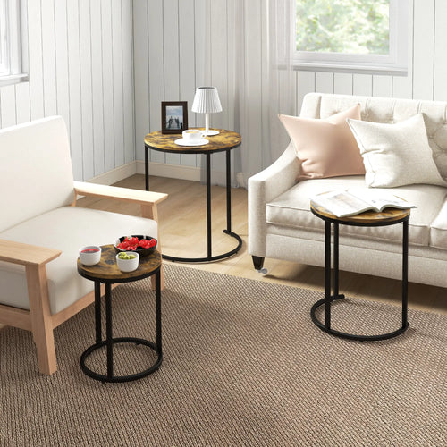 Nesting Coffee Tables Set of 3, Round Side Tables, Steel Frame, Rustic Brown