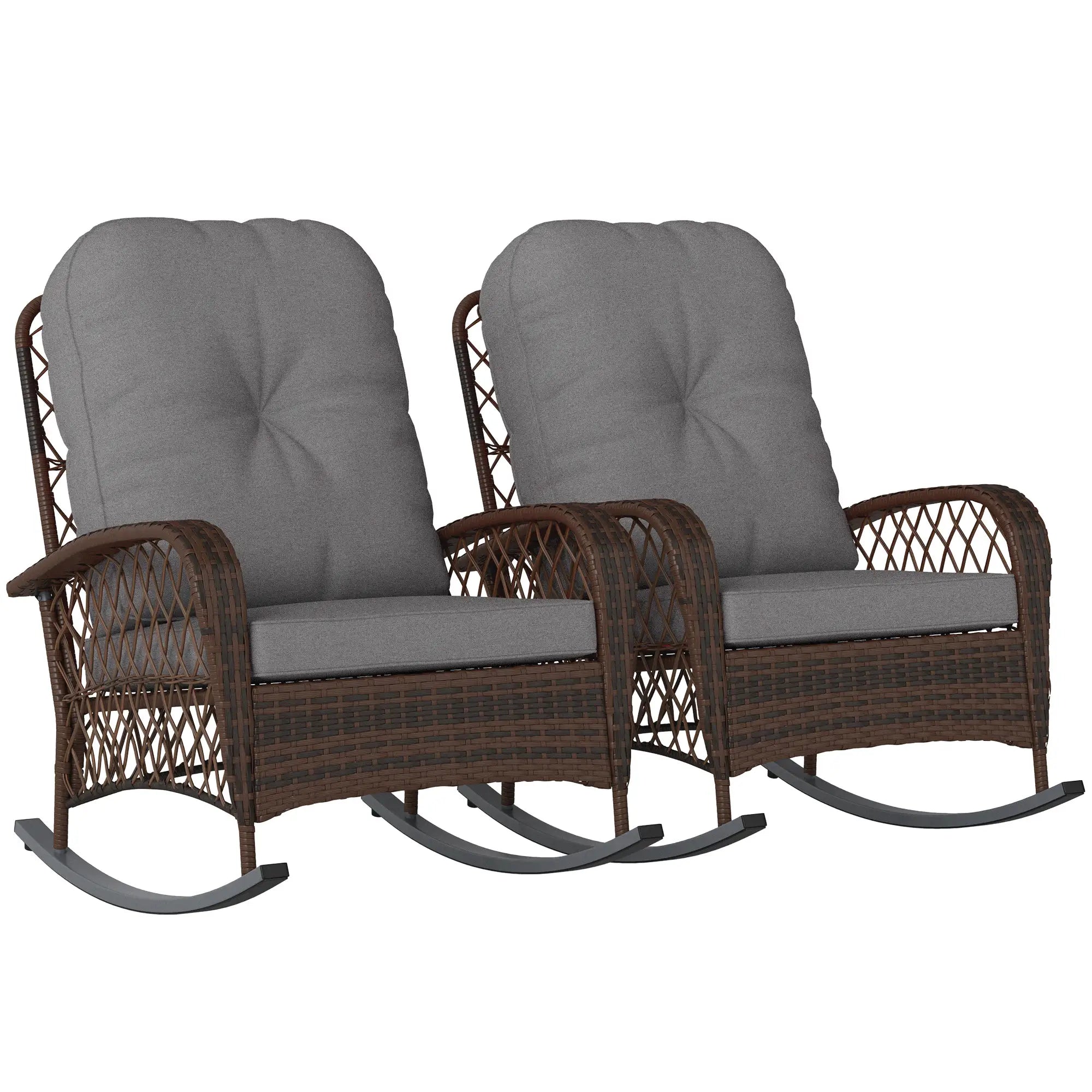 Outdoor Wicker Rattan Rocking Chair Set of 2, Patio Rocker with Cushions, Grey Outdoor Rocking Chairs at Gallery Canada