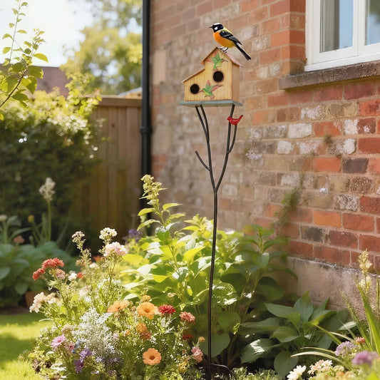 57" Outdoor Bird House With Pole, Double-Hole Metal Birdhouse, Yellow Birds Yellow, Green, Red at Gallery Canada