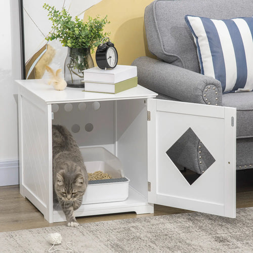 Cat Litter Box Enclosure End Table, Indoor Washroom with Magnetic Door, White