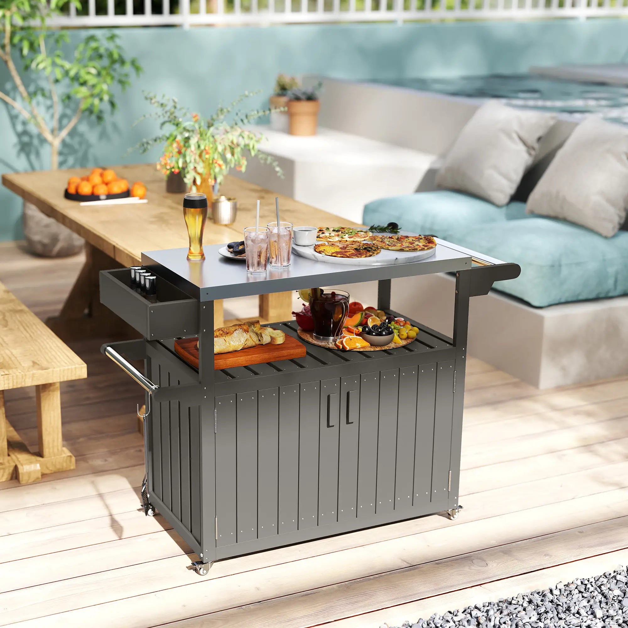 Outdoor Bar Cart With Storage Cabinet, Stainless Steel Table Top, Wheeled HDPE Kitchen Island Outdoor Grill Carts at Gallery Canada