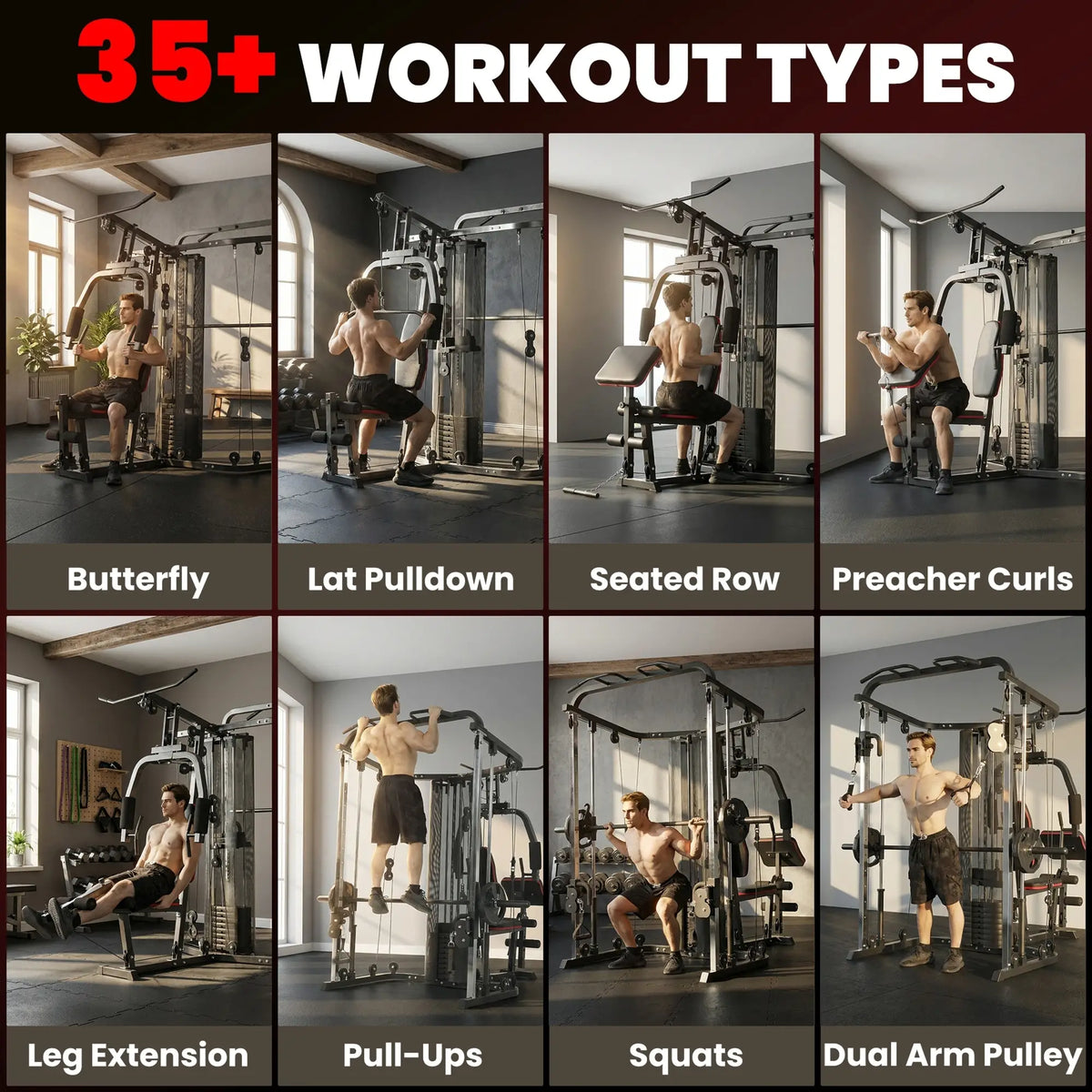 Multi Gym Smith Machine, 143LBS Weight Stack, Cable Pulley System Strength Training Equipment at Gallery Canada