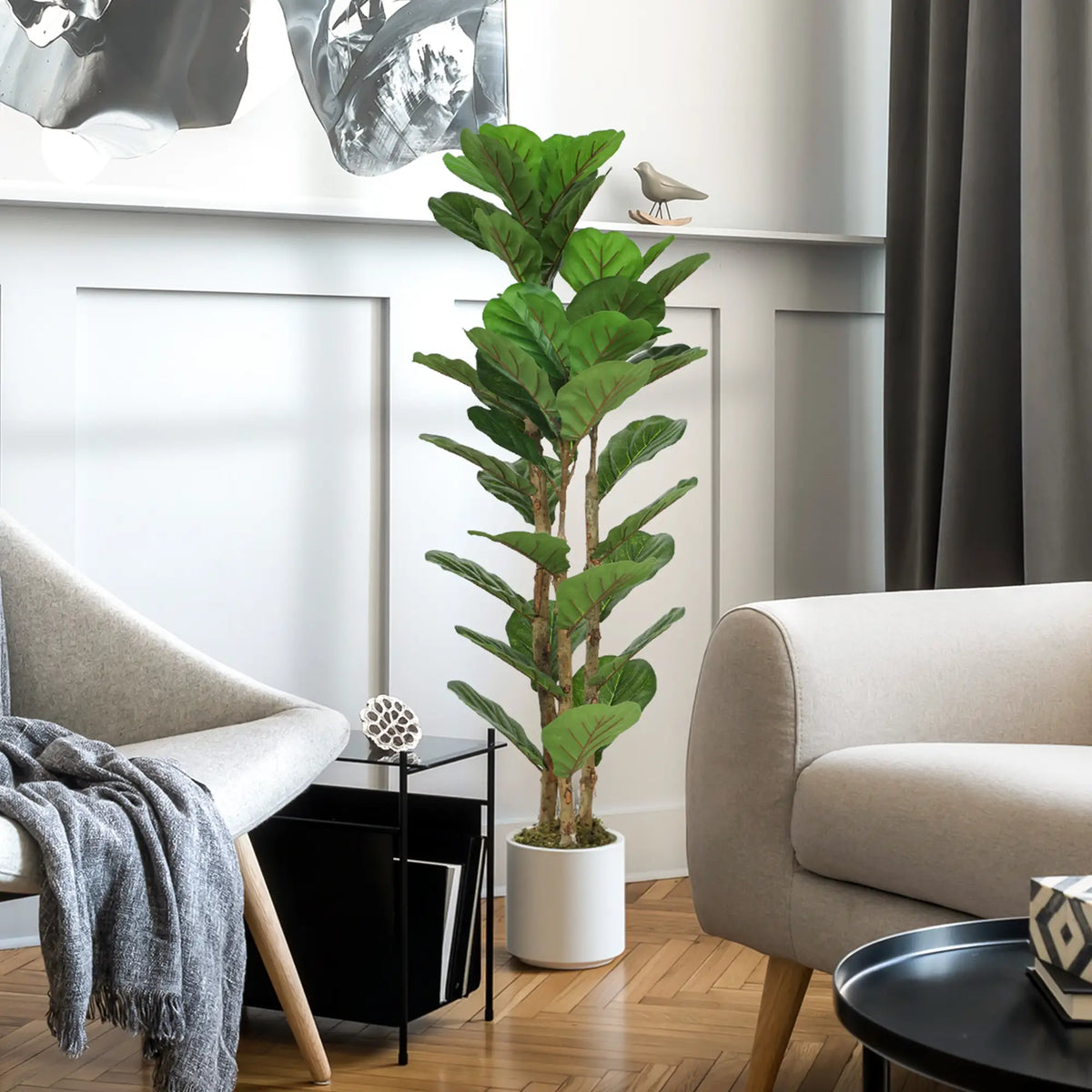 4FT Artificial Fiddle Leaf Fig Tree, Solid Wood Trunk, Green Artificial Trees at Gallery Canada