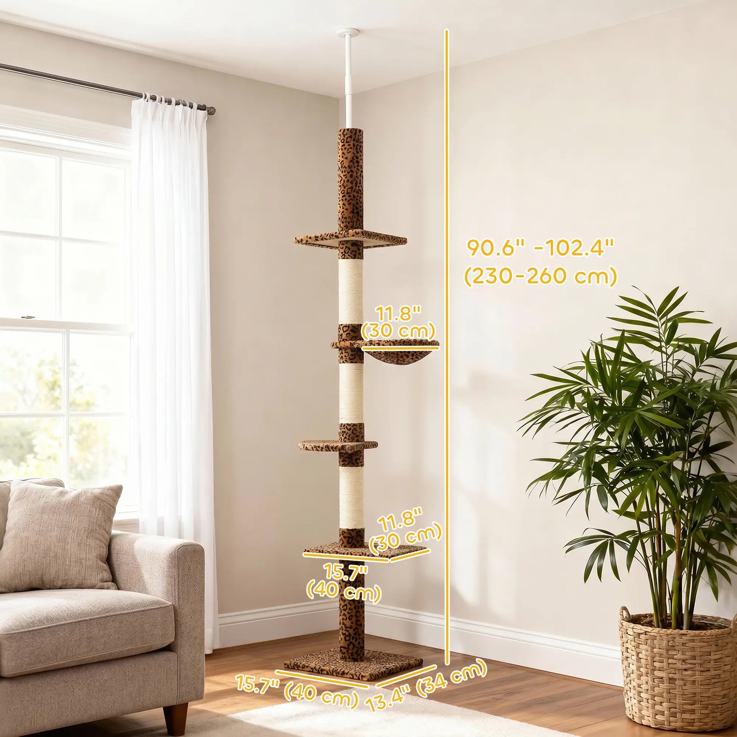 8.5ft Cat Tree 5-Tier Kitty Activity Center With Scratching Post, Leopard Print Floor to Ceiling Cat Trees at Gallery Canada