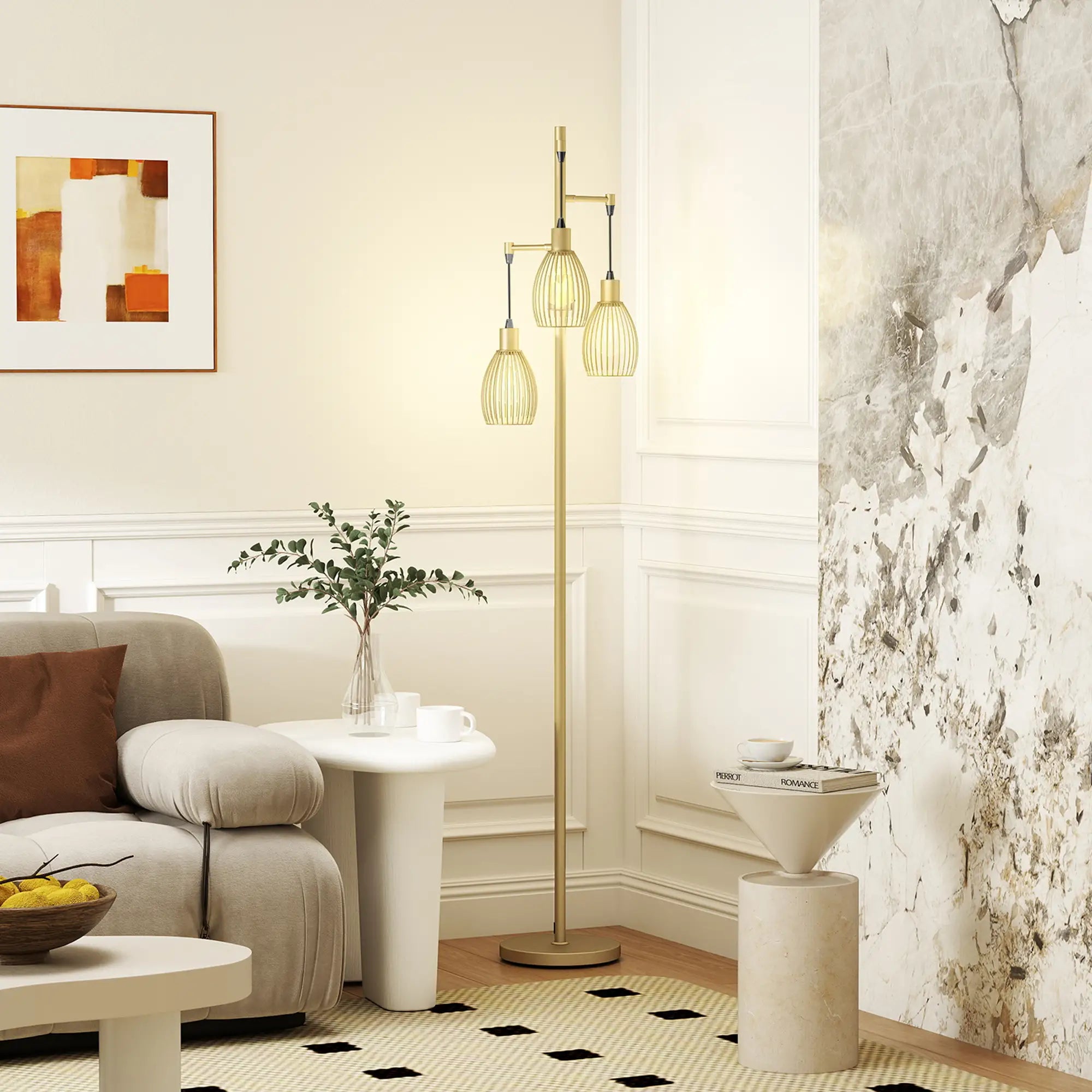 Industrial Floor Lamp, 3 Hanging Wire Lampshades, Dimmable, Gold Floor Lamps & Ceiling Fan Lights at Gallery Canada