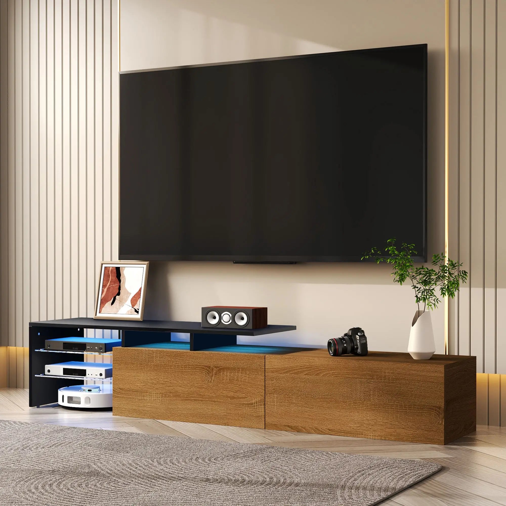 TV Stand With Glass Shelves, LED Lighting, 67