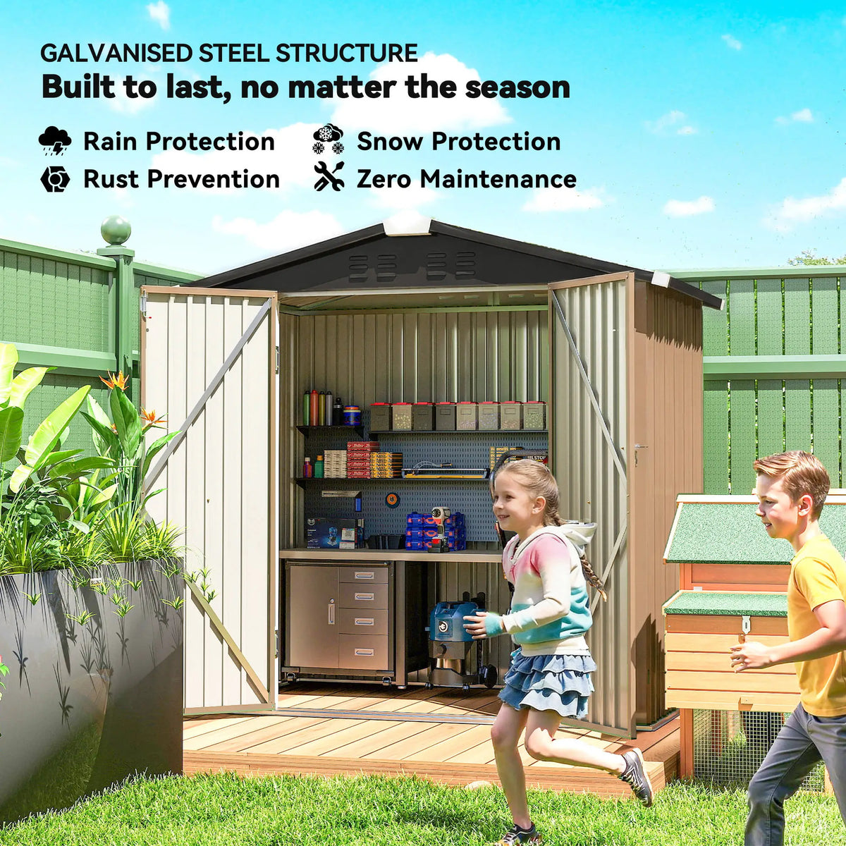 6.5' x 4' Metal Outdoor Storage Shed, Lockable Double Doors, 4 Vents, Brown Sheds at Gallery Canada