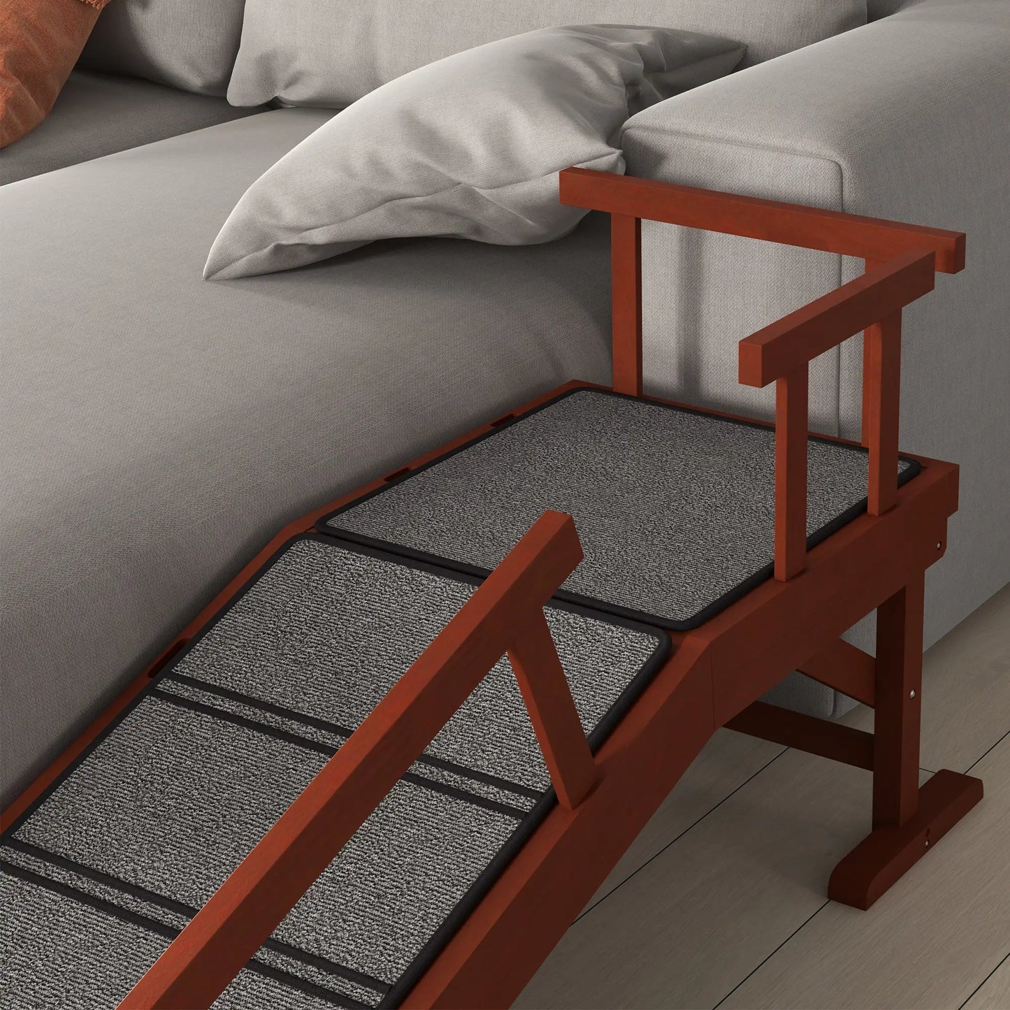 Wooden Dog Ramp, 49" Long, Non-Slip Rug, Removable Guardrails, Brown Dog Stairs at Gallery Canada