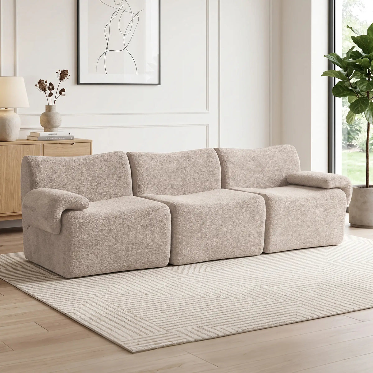 3 Seater Chenille Cloud Sofa, Wide Deep Seat, Beige, Beige 3-Seater Sofas at Gallery Canada
