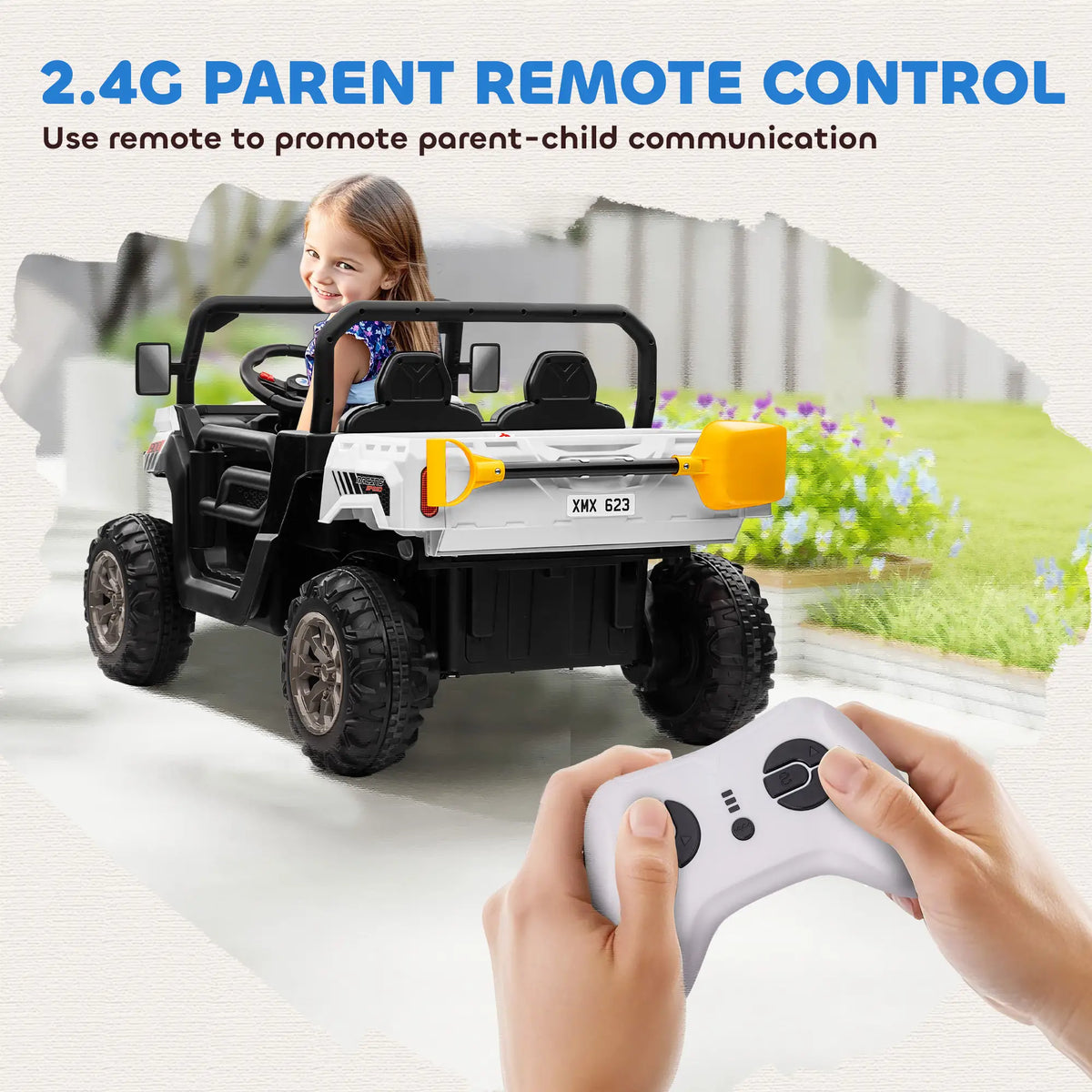 12V Ride On Car, Electric Bucket, Two-Seater, White Electric Toy Cars at Gallery Canada