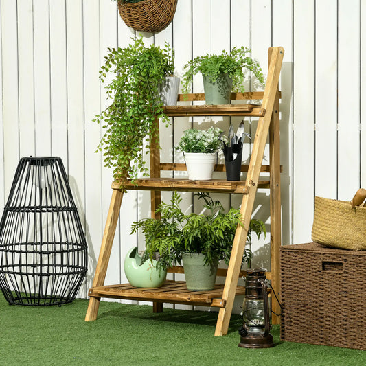 Foldable 3-Tier Wooden Plant Stand, Garden Indoor Outdoor, 24" x 14" x 37" Plant Stands Carbonized Wood Color at Gallery Canada