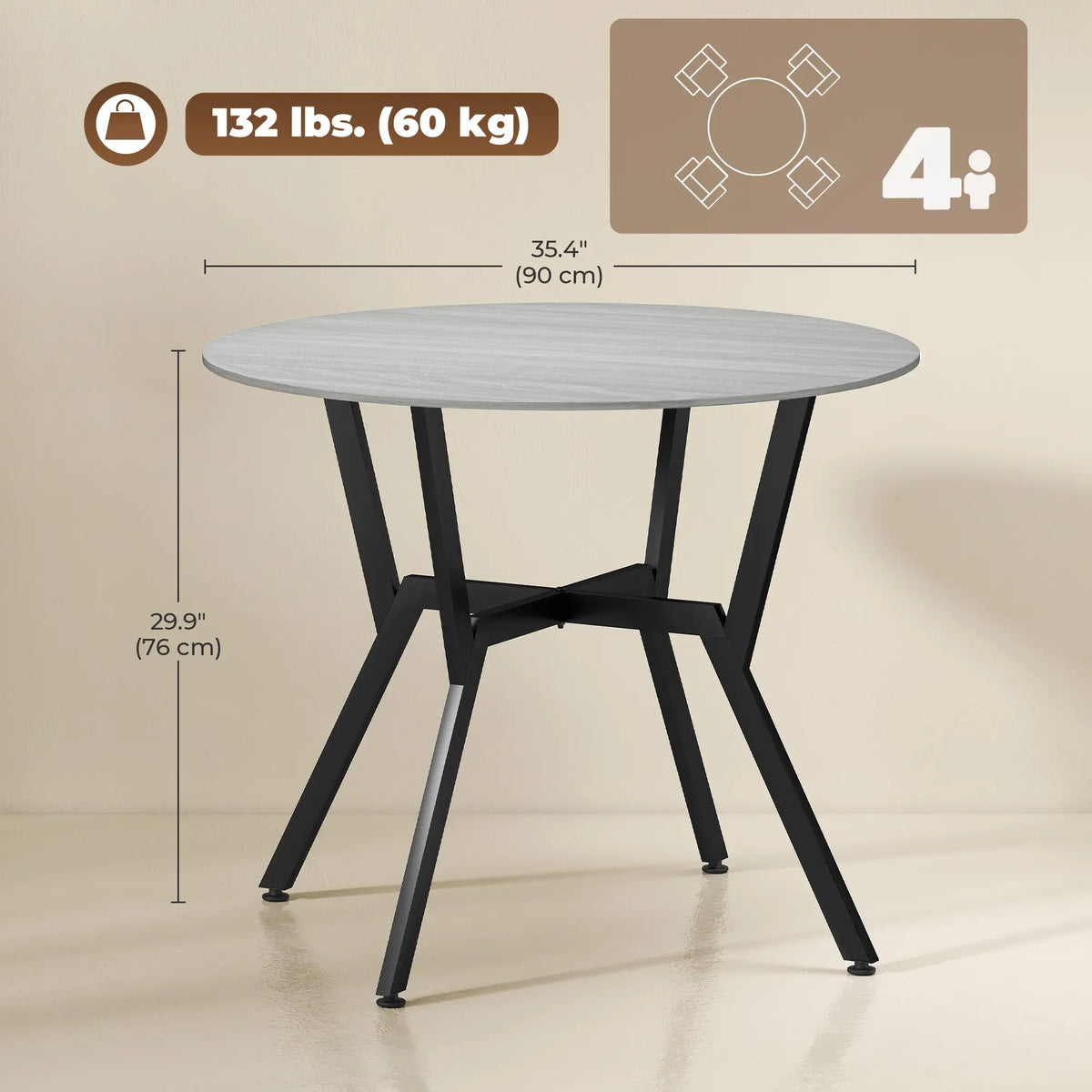 35" Round Dining Table, Steel Frame, Small Kitchen Table, Grey