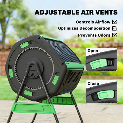 53 Gal Dual Chamber Tumbling Composter, Adjustable Vents, BPA Free, Green