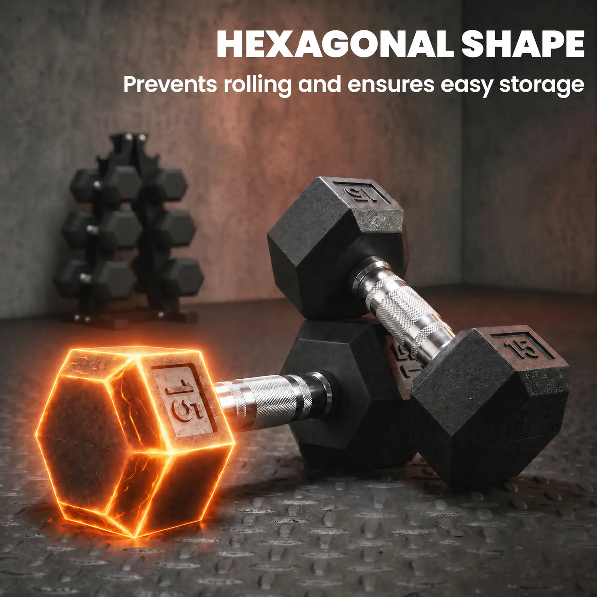 Hex Dumbbell Set With Rack, 180lbs Rubber-Coated, black Dumbbells & Barbells at Gallery Canada