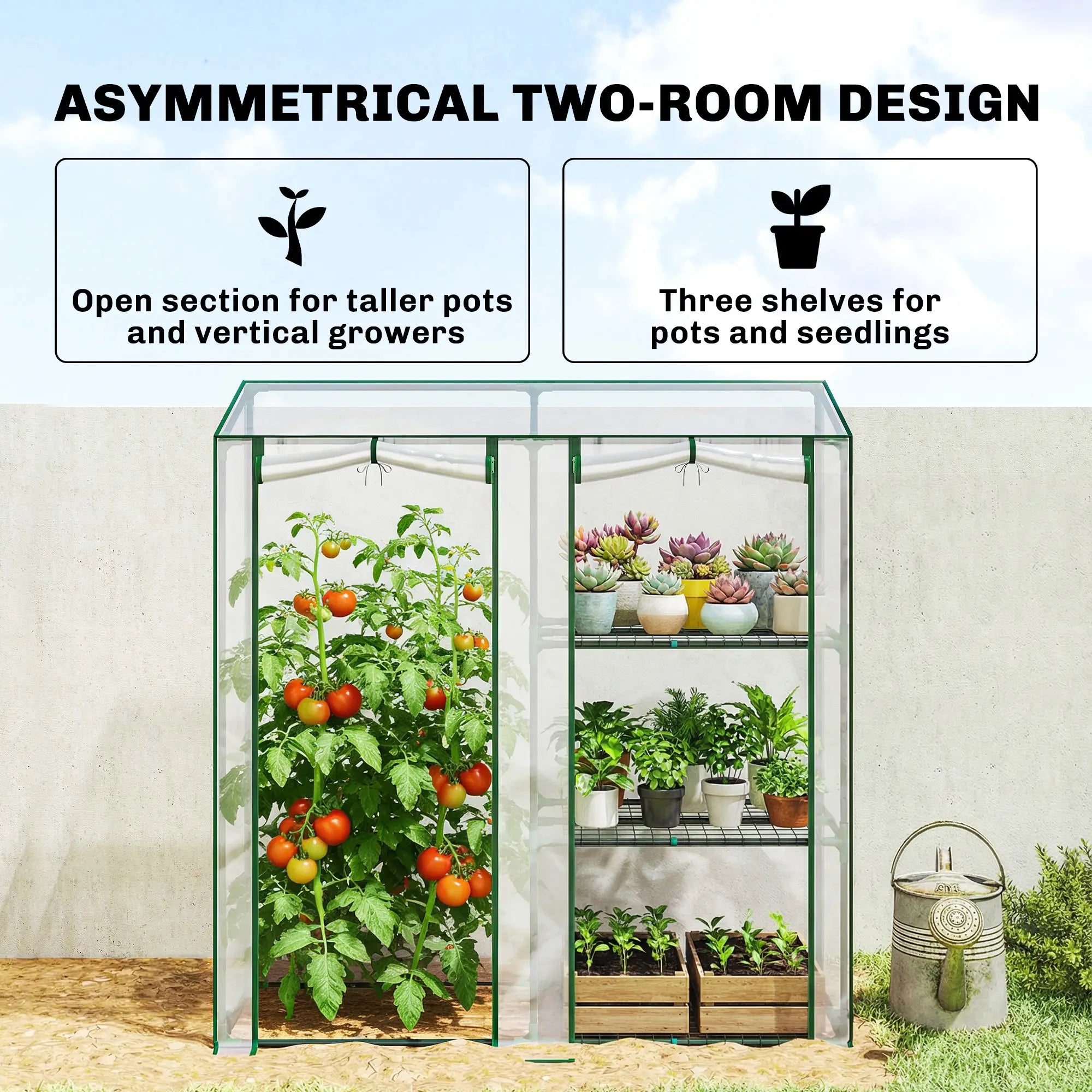 Mini Greenhouse, 3 Shelves, 2 Roll-Up Doors, 56.3