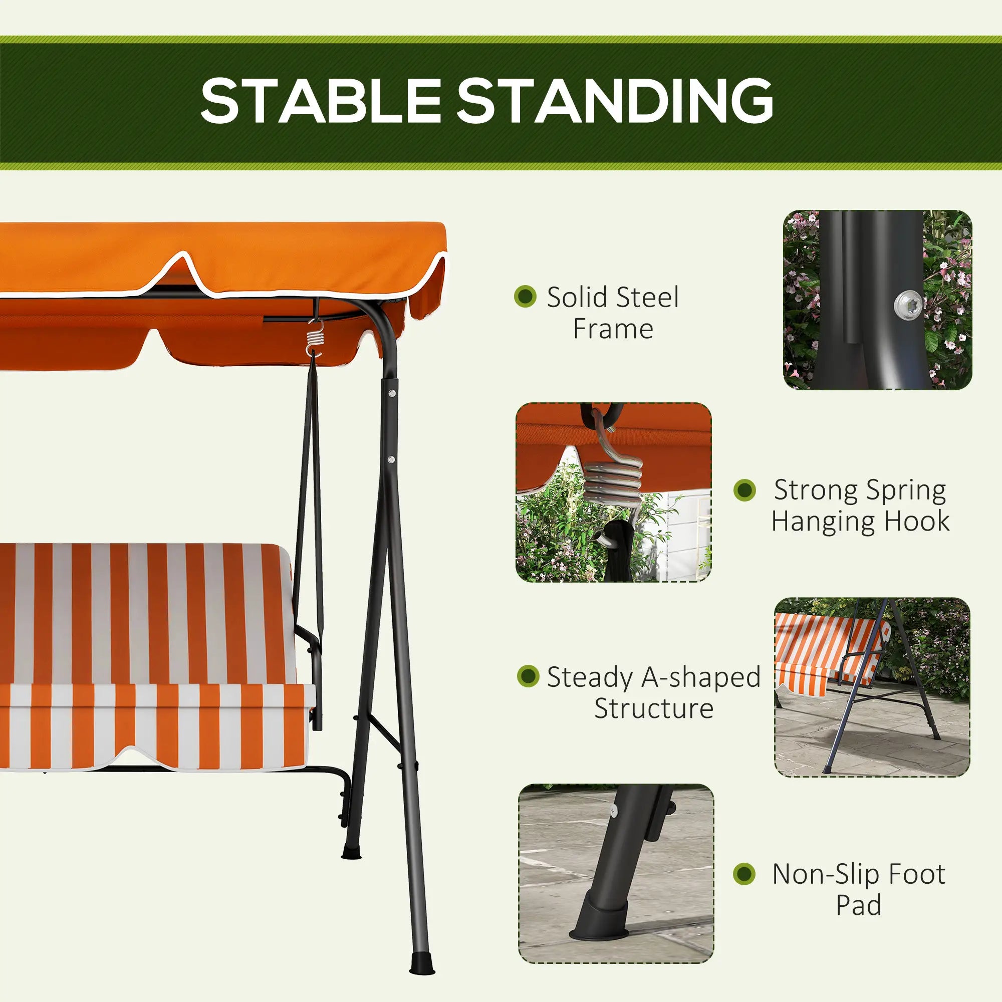 3-Seater Outdoor Porch Swing, Adjustable Canopy, Orange Patio Swings with Stand at Gallery Canada