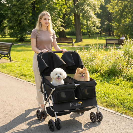 Double Pet Stroller, Foldable Dog Stroller with 2-Seater Carrier, Sunshade, Removable Pad, Safety Belt, Storage Basket Dog Bike Trailers & Strollers Black, Silver at Gallery Canada