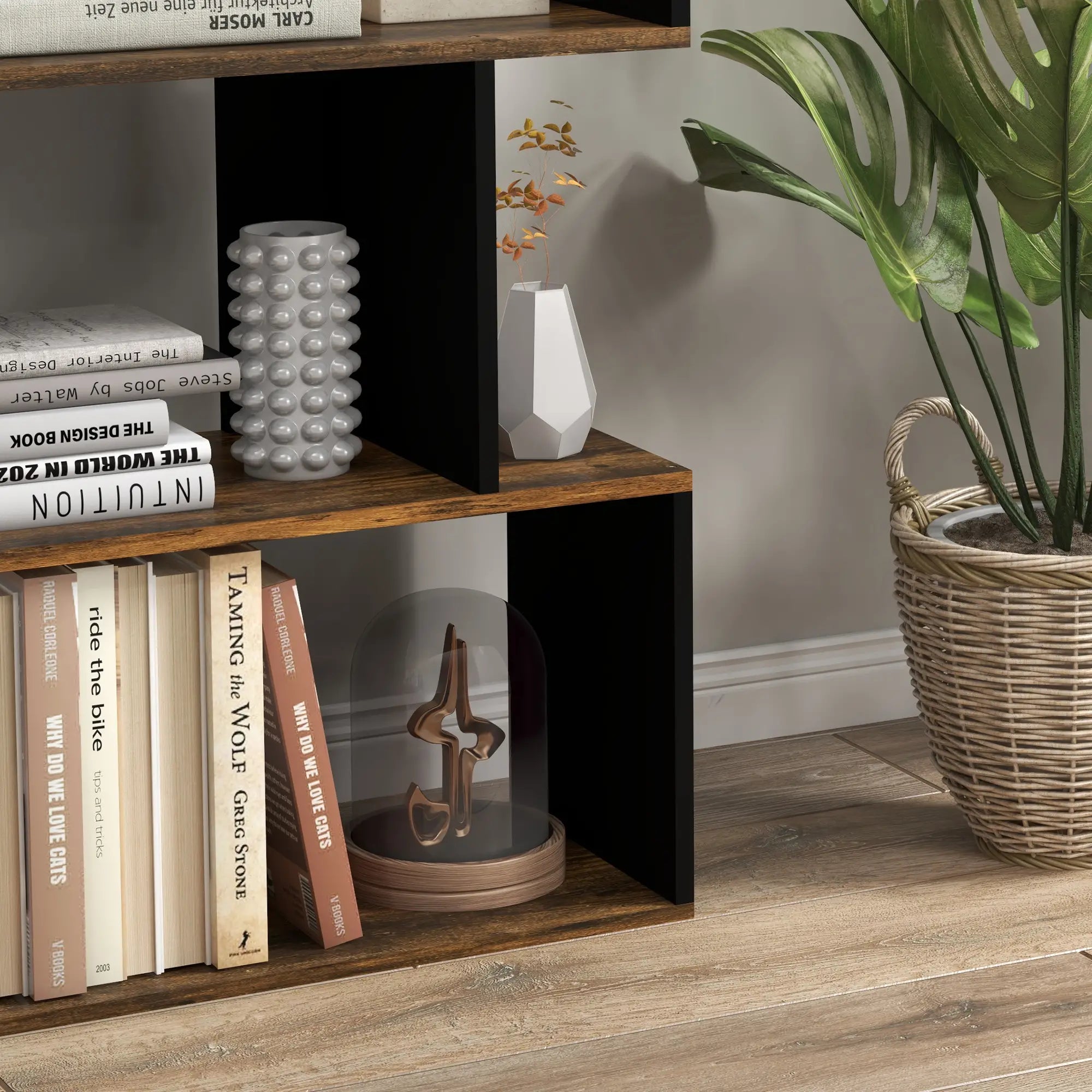 5 Tier Geometric S Shaped Bookcase, Tall Narrow Display Shelf, Rustic Brown Display Bookshelves at Gallery Canada