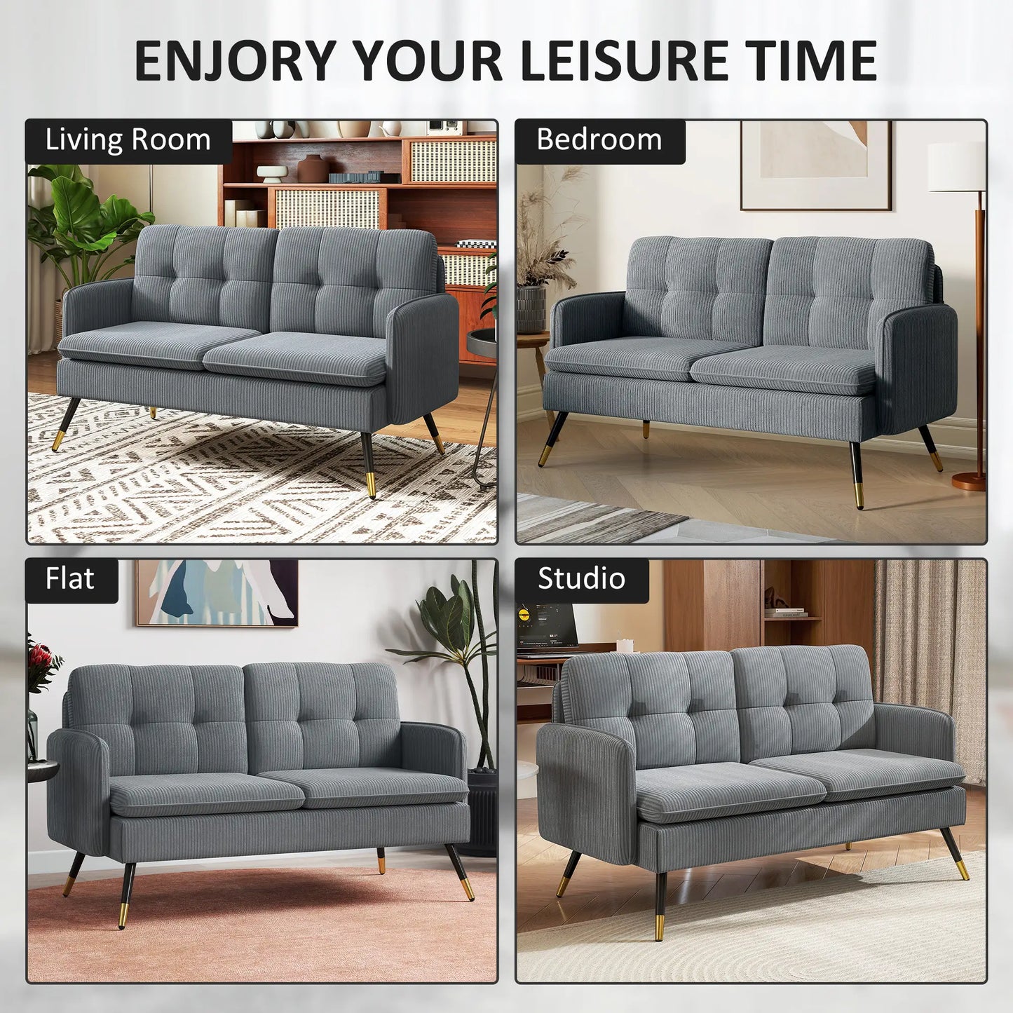 55" Loveseat Sofa, Corduroy, Steel Legs, Button Tufting, Dark Grey 2-Seater Sofas at Gallery Canada