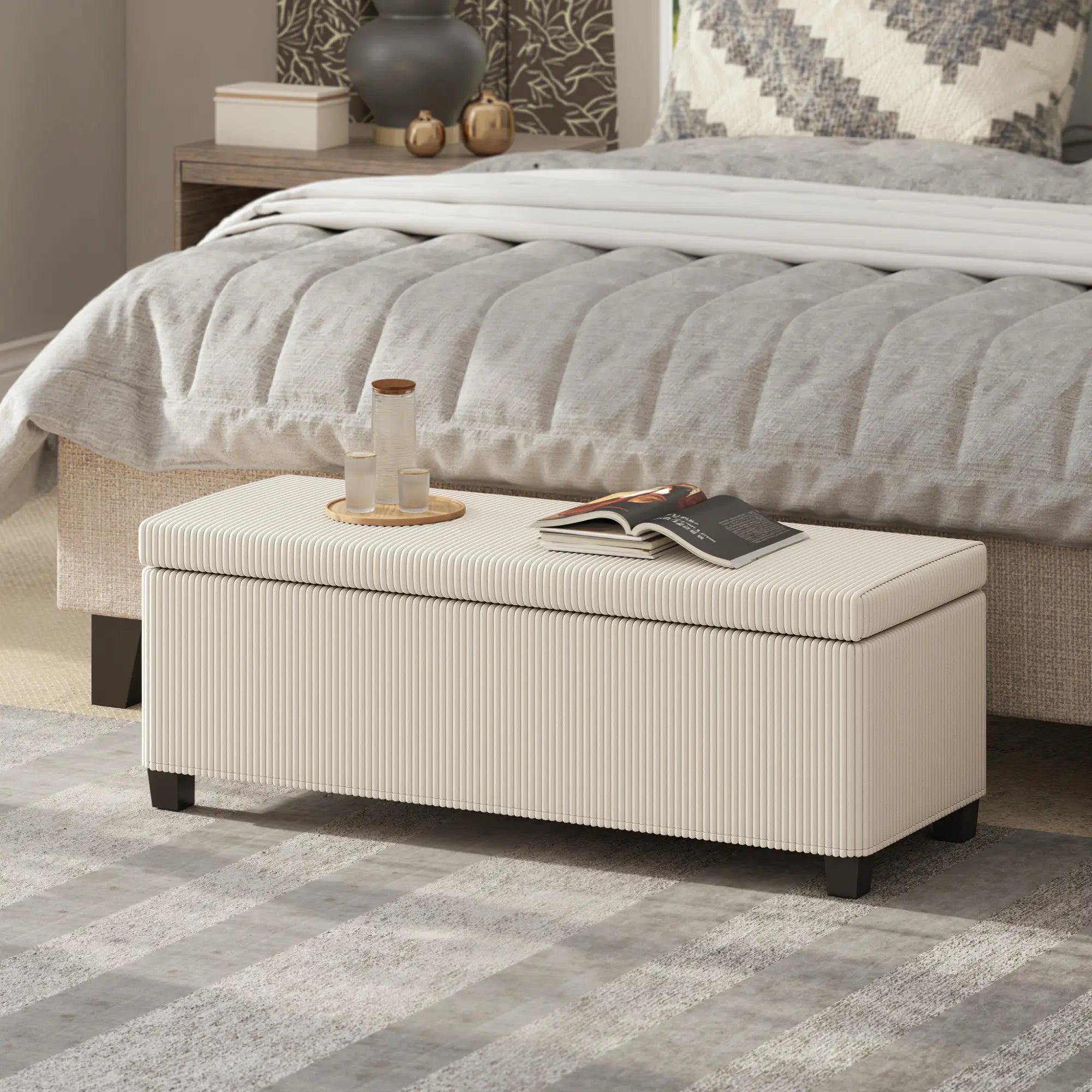 44 Inches Ottoman with Storage, Lid, Legs, Corduroy Bench, Beige Storage Ottomans & Benches at Gallery Canada