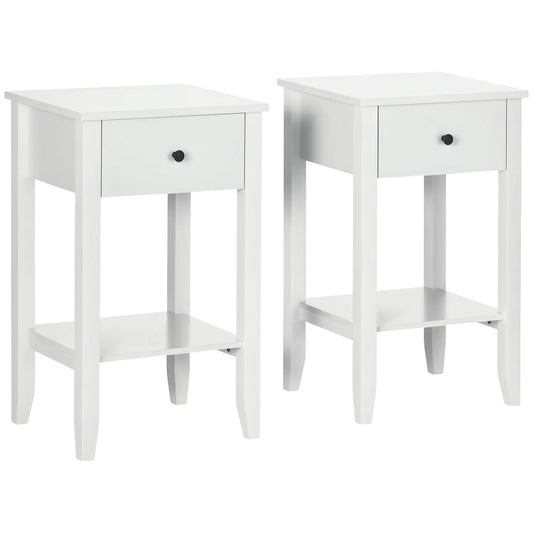 HOMCOM Side Table Set of 2 with Drawer, Shelf, Nightstand, White Side Tables White at Gallery Canada