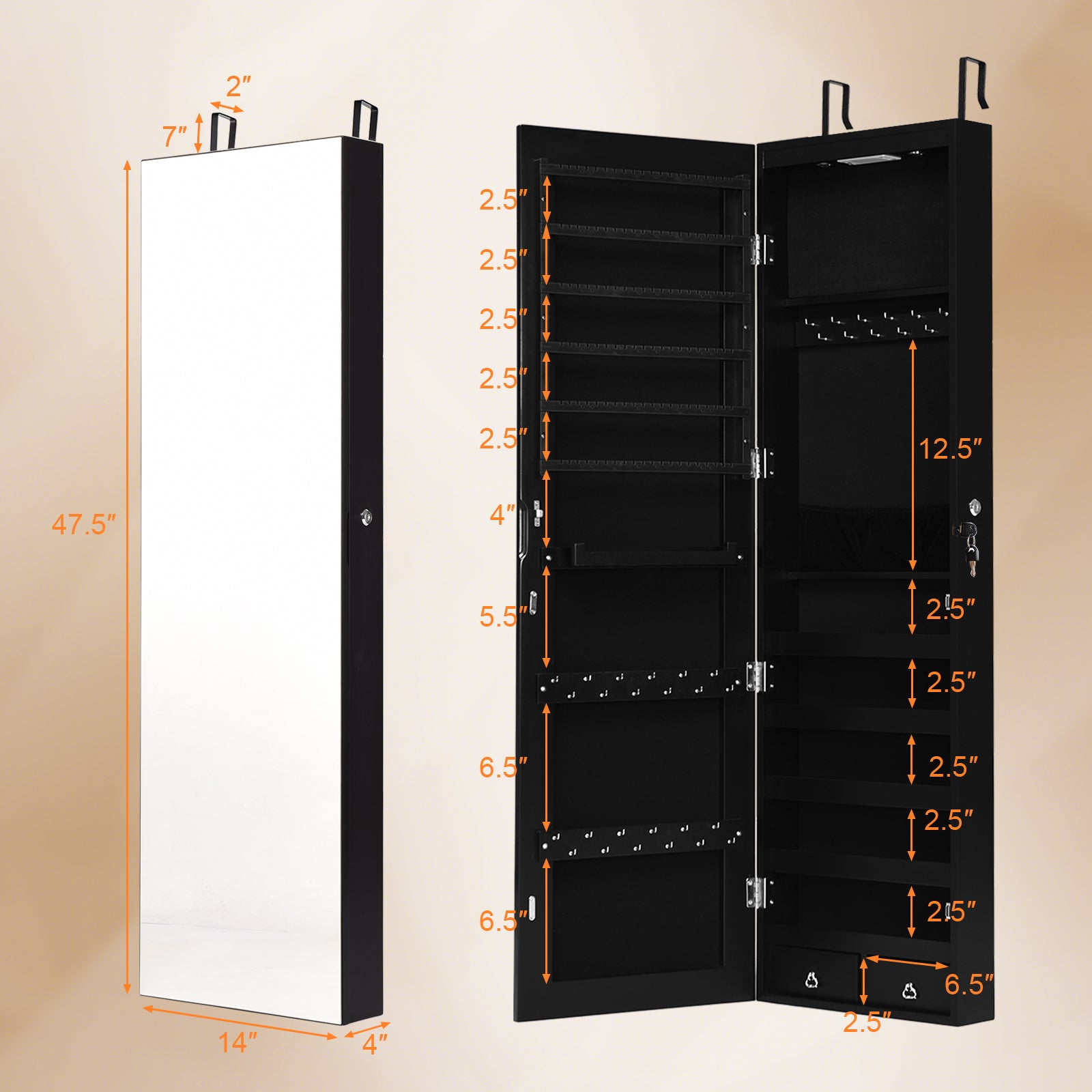 Wall Mounted Jewelry Cabinet With Lights, Black Jewelry Armoires at Gallery Canada