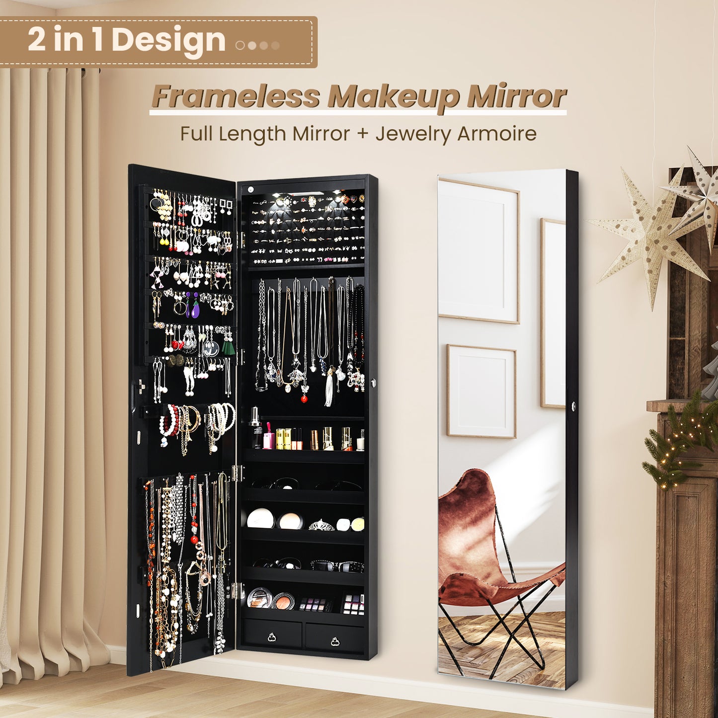 Wall Mounted Jewelry Cabinet With Lights, Black Jewelry Armoires at Gallery Canada