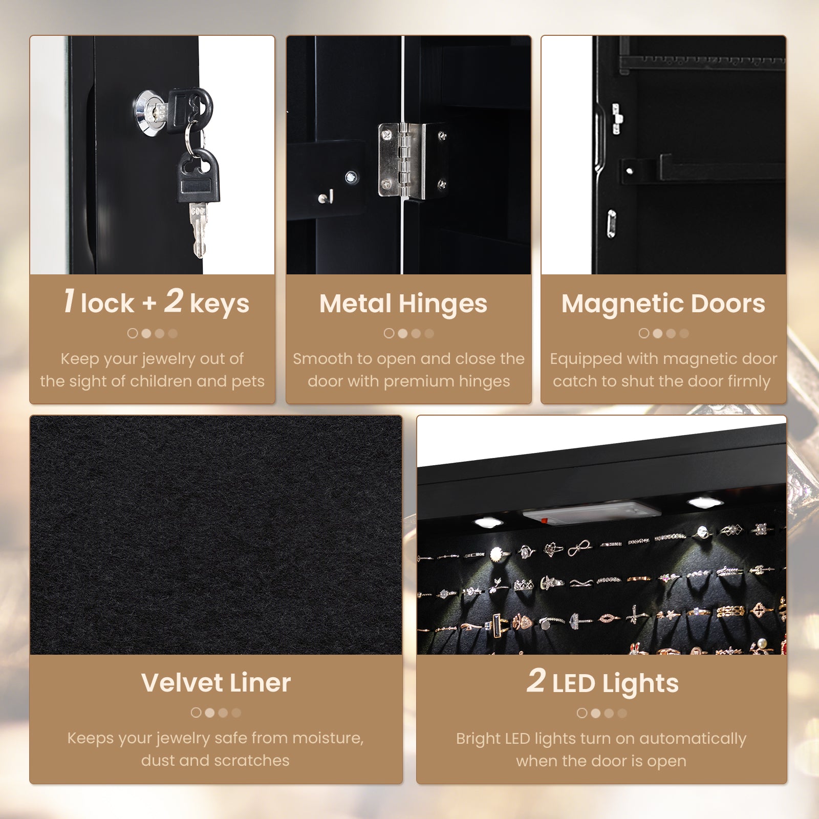 Wall Mounted Jewelry Cabinet With Lights, Black Jewelry Armoires at Gallery Canada