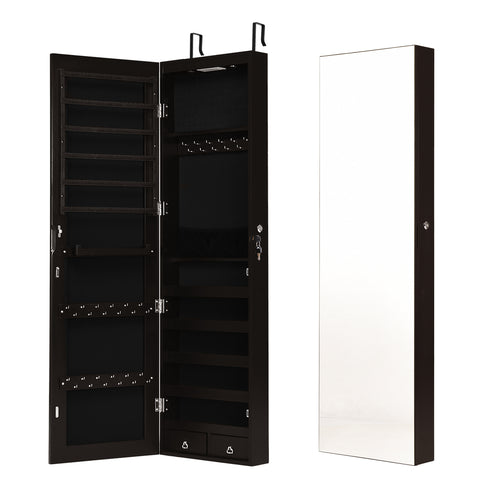 Wall Mounted Mirrored Jewelry Cabinet With Lights, Brown