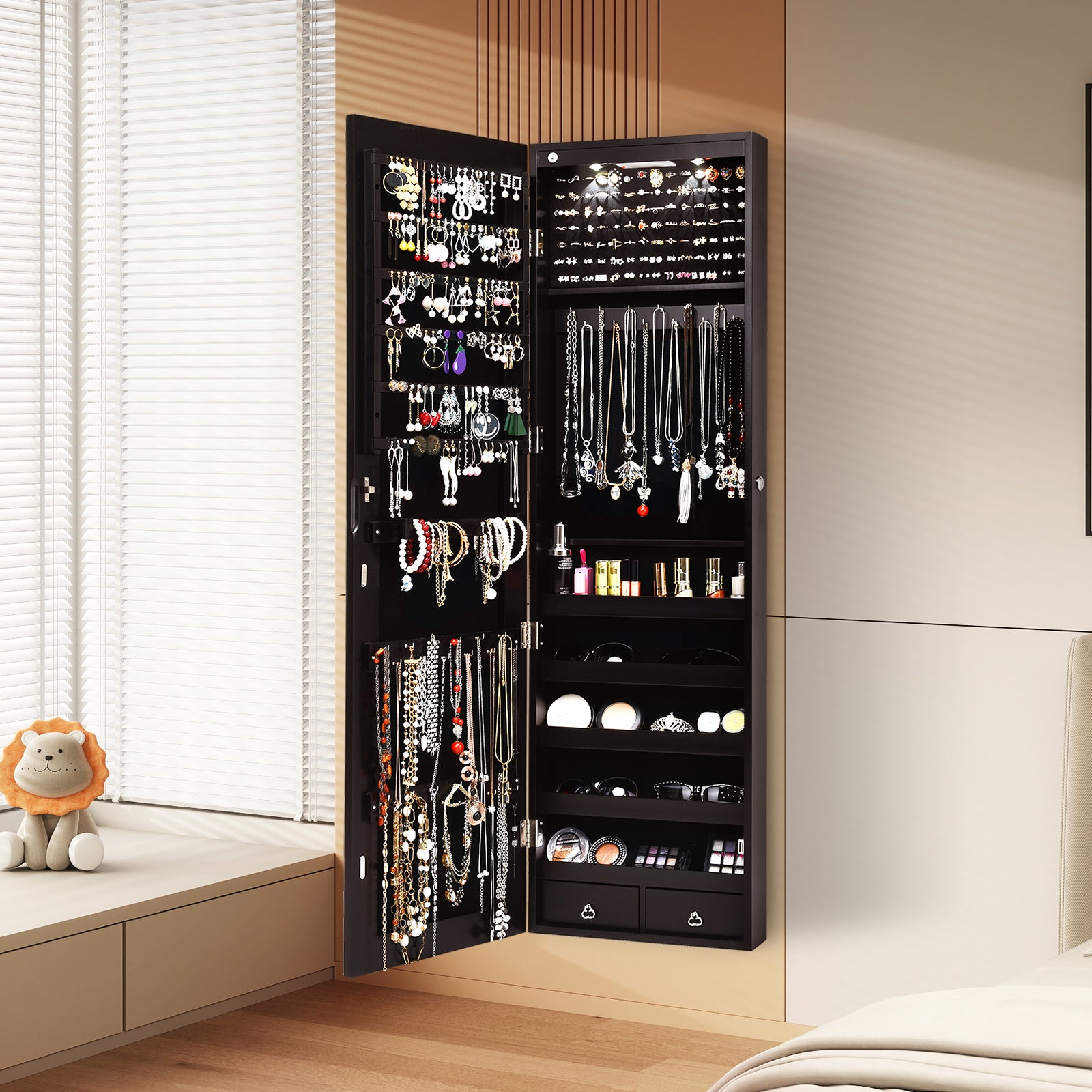 Wall Mounted Mirrored Jewelry Cabinet With Lights, Brown Jewelry Armoires at Gallery Canada