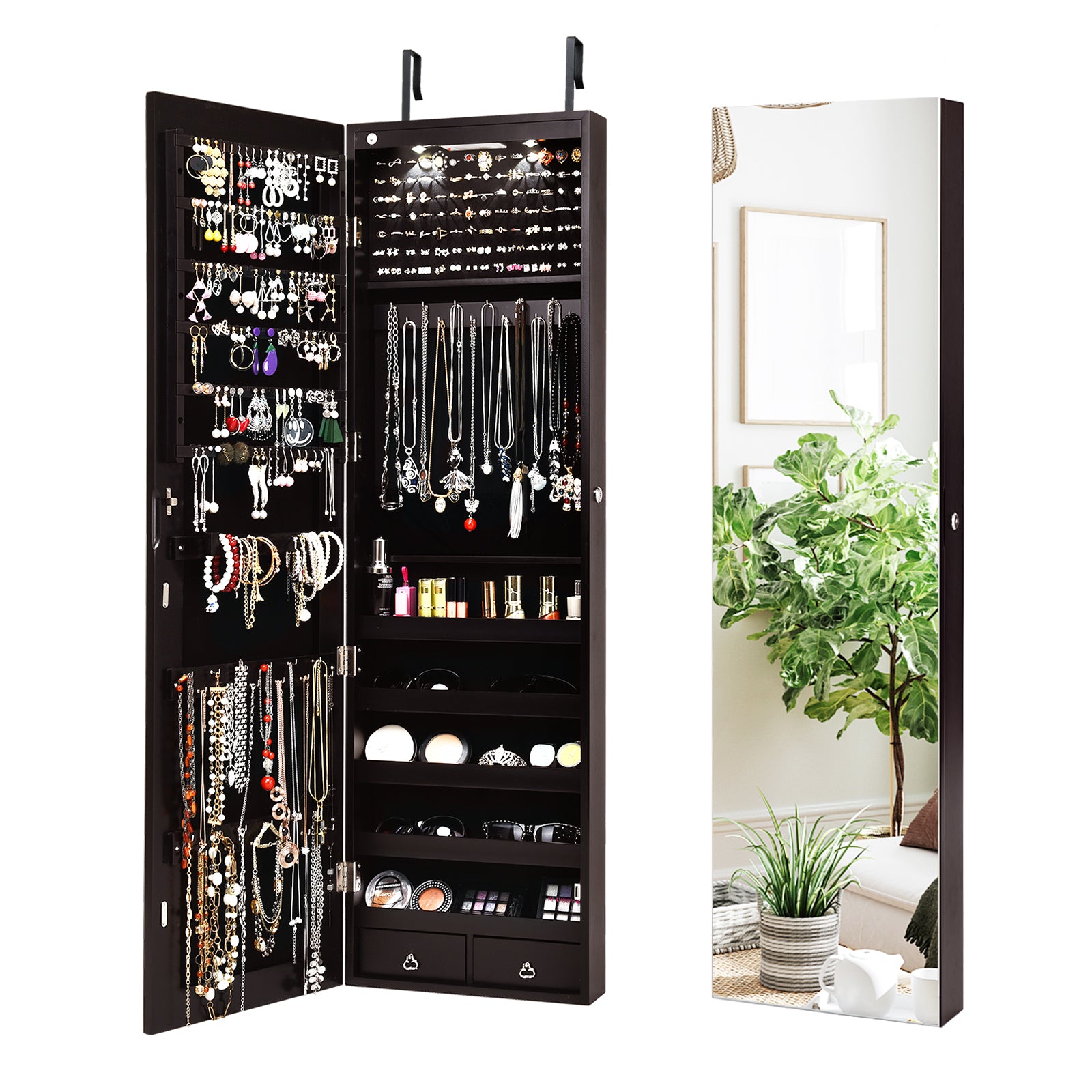 Wall Mounted Mirrored Jewelry Cabinet With Lights, Brown Jewelry Armoires at Gallery Canada