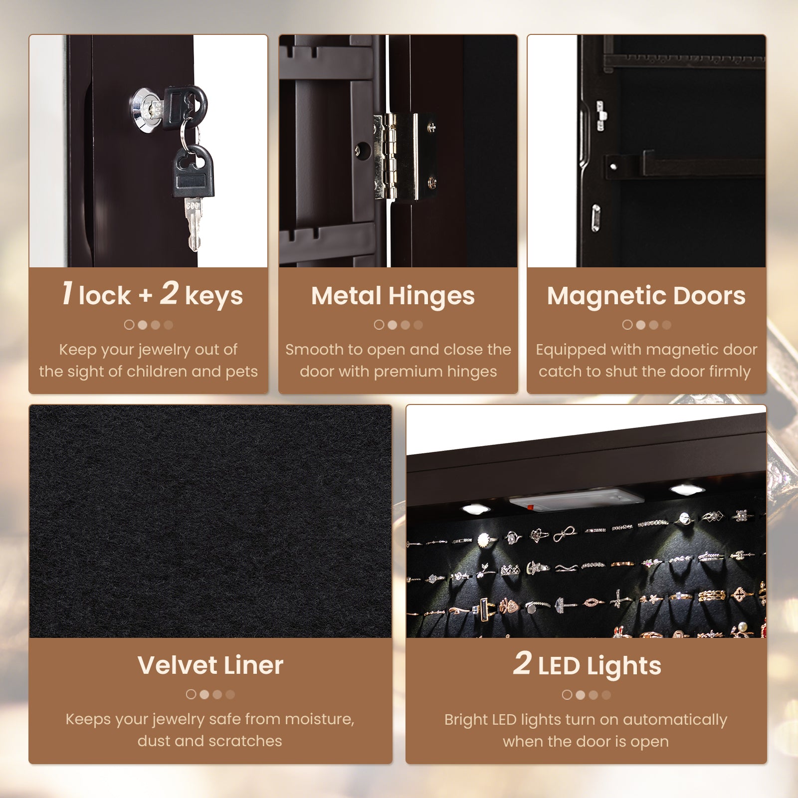 Wall Mounted Mirrored Jewelry Cabinet With Lights, Brown Jewelry Armoires at Gallery Canada
