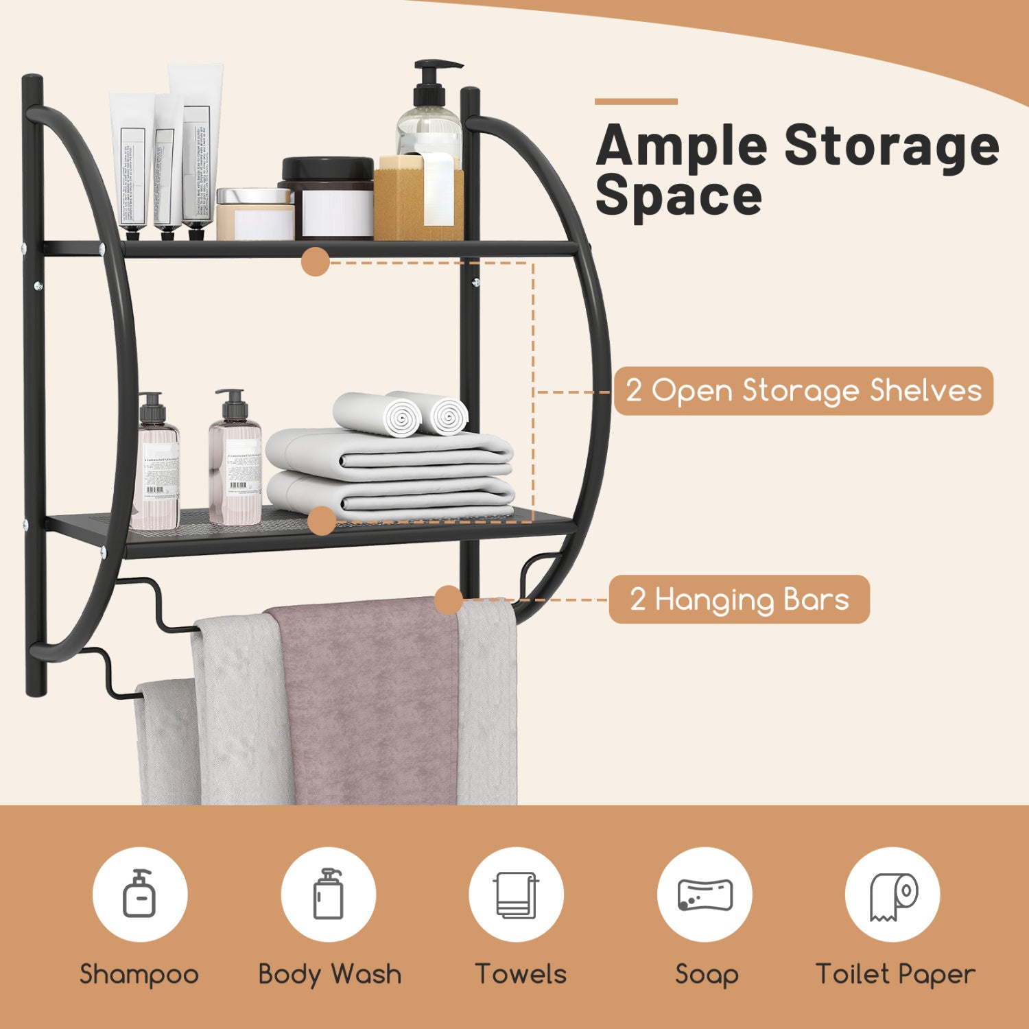 Wall Mounted 2-Tier Bathroom Towel Rack, Black Towel Racks at Gallery Canada