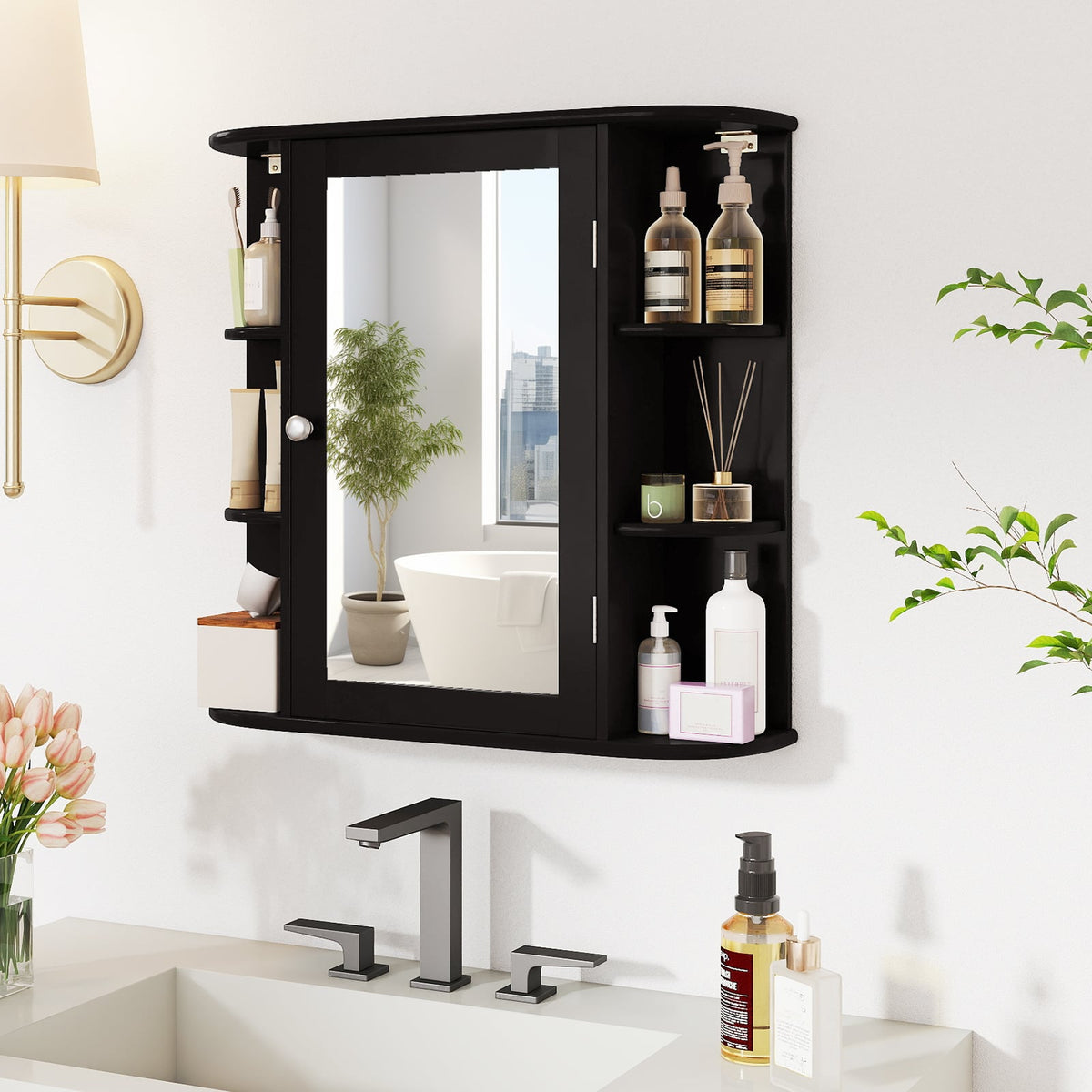 Wall Mounted Bathroom Mirror Cabinet With Storage Shelves, Black Wall Cabinets at Gallery Canada