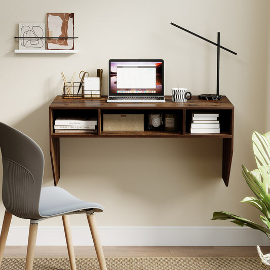 Wall-Mounted Computer Desk Floating Laptop Desk with 3 Storage Compartments, Rustic Brown Computer Desks Rustic Brown at Gallery Canada