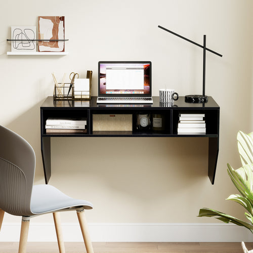 Wall-Mounted Computer Desk Floating Laptop Desk with 3 Storage Compartments, Black