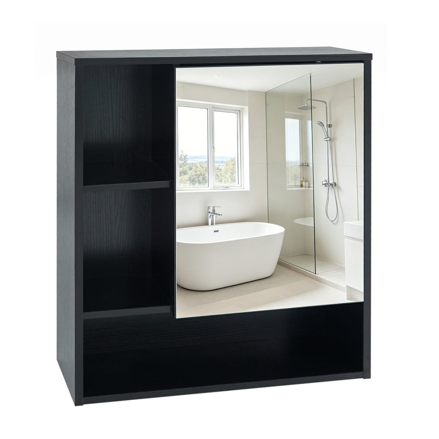 Wall-Mounted Mirror Cabinet with 2 Hidden Shelves and 3 Open Compartments, Black Wall Cabinets Black at Gallery Canada