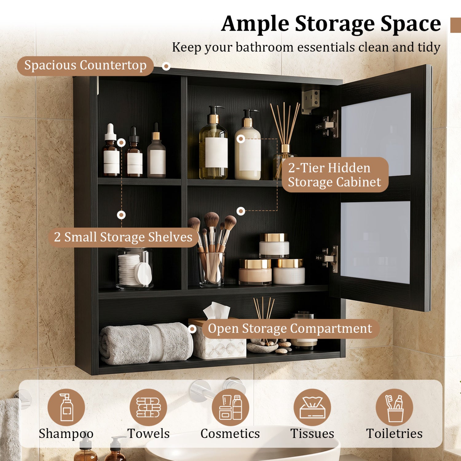 Wall-Mounted Mirror Cabinet with 2 Hidden Shelves and 3 Open Compartments, Black Wall Cabinets at Gallery Canada