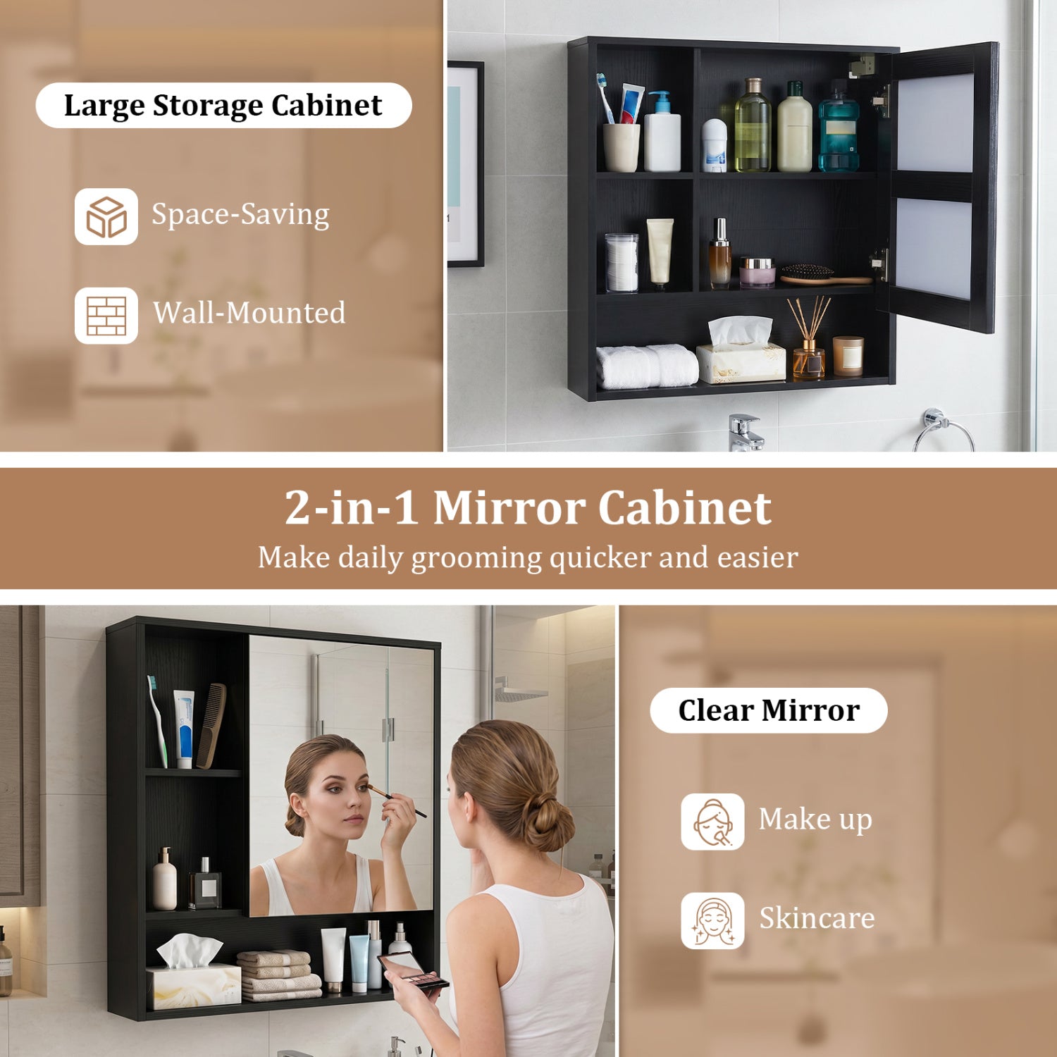 Wall-Mounted Mirror Cabinet with 2 Hidden Shelves and 3 Open Compartments, Black Wall Cabinets at Gallery Canada