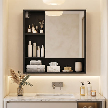 Wall-Mounted Mirror Cabinet with 2 Hidden Shelves and 3 Open Compartments, Black Wall Cabinets at Gallery Canada