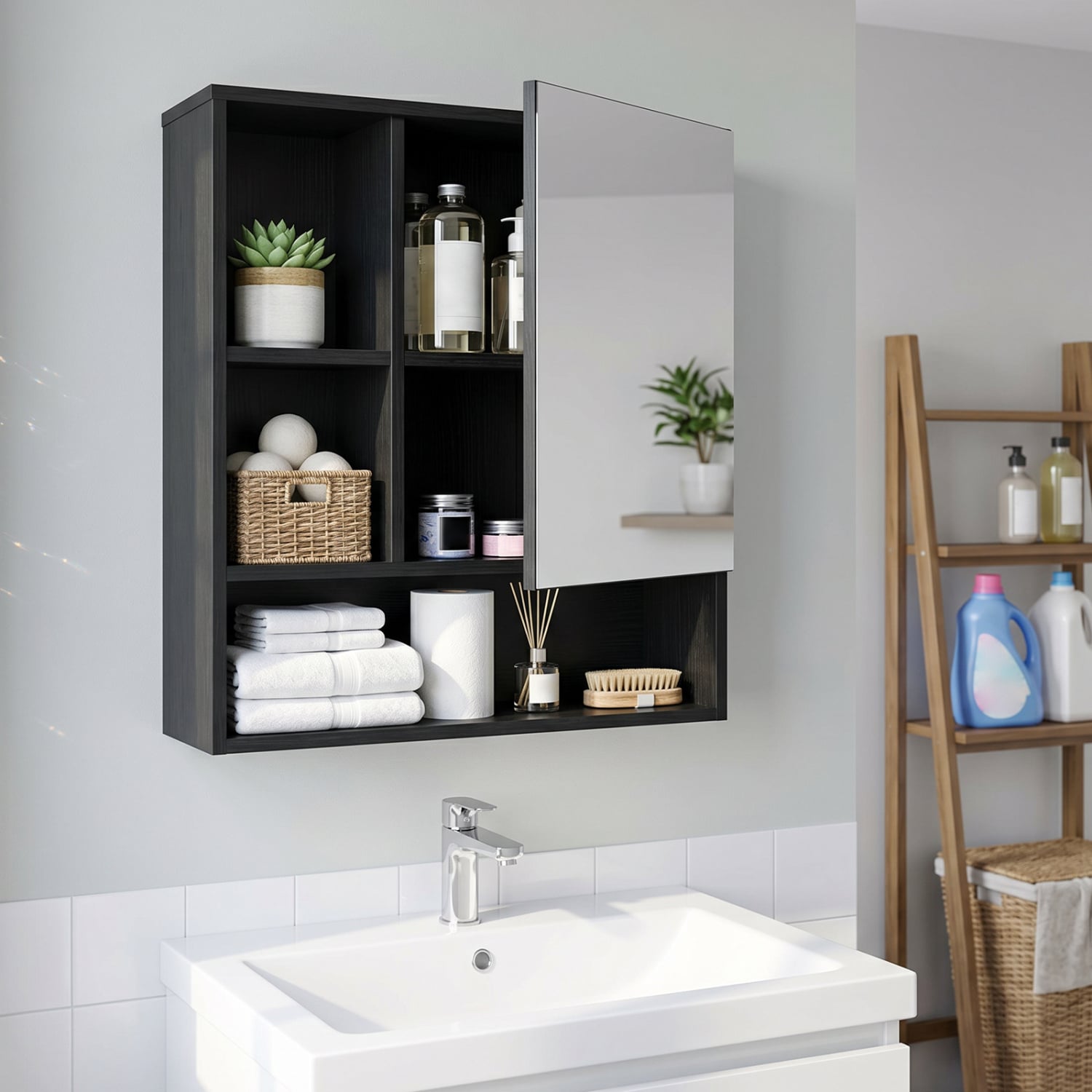 Wall-Mounted Mirror Cabinet with 2 Hidden Shelves and 3 Open Compartments, Black Wall Cabinets at Gallery Canada