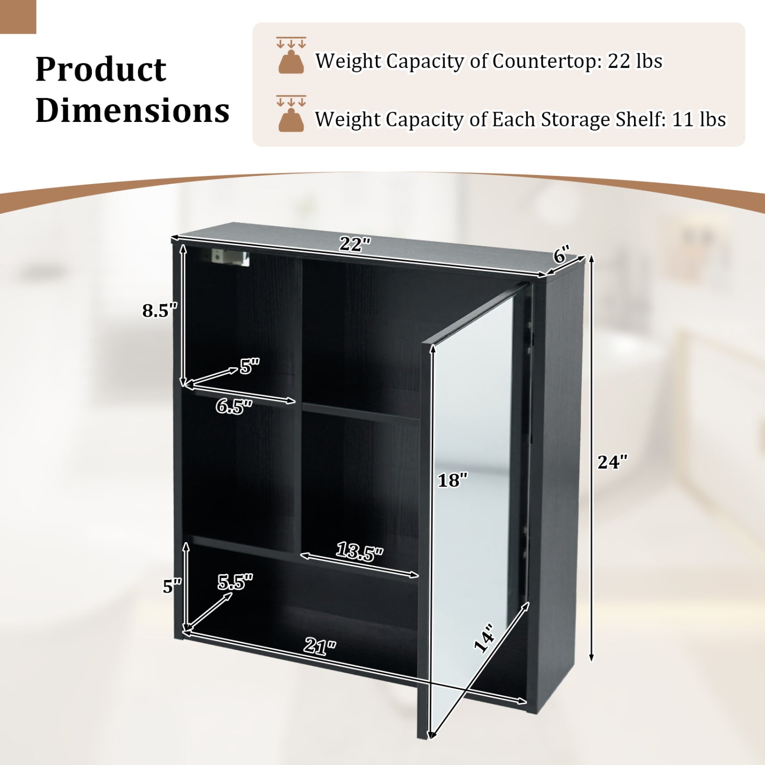 Wall-Mounted Mirror Cabinet with 2 Hidden Shelves and 3 Open Compartments, Black Wall Cabinets at Gallery Canada