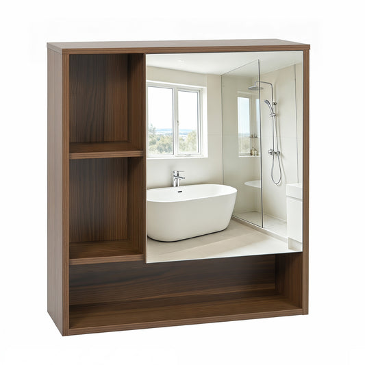 Wall-Mounted Mirror Cabinet with 2 Hidden Shelves and 3 Open Compartments, Walnut Wall Cabinets Walnut at Gallery Canada