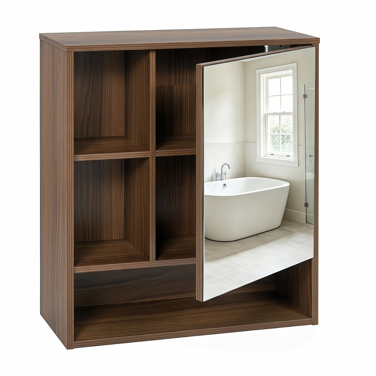 Wall-Mounted Mirror Cabinet with 2 Hidden Shelves and 3 Open Compartments, Walnut Wall Cabinets at Gallery Canada