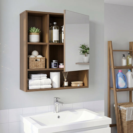 Wall-Mounted Mirror Cabinet with 2 Hidden Shelves and 3 Open Compartments, Walnut Wall Cabinets Walnut at Gallery Canada