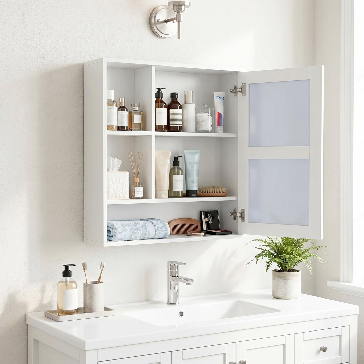 Wall-Mounted Mirror Cabinet, 2 Hidden Shelves, 3 Compartments, White Wall Cabinets at Gallery Canada