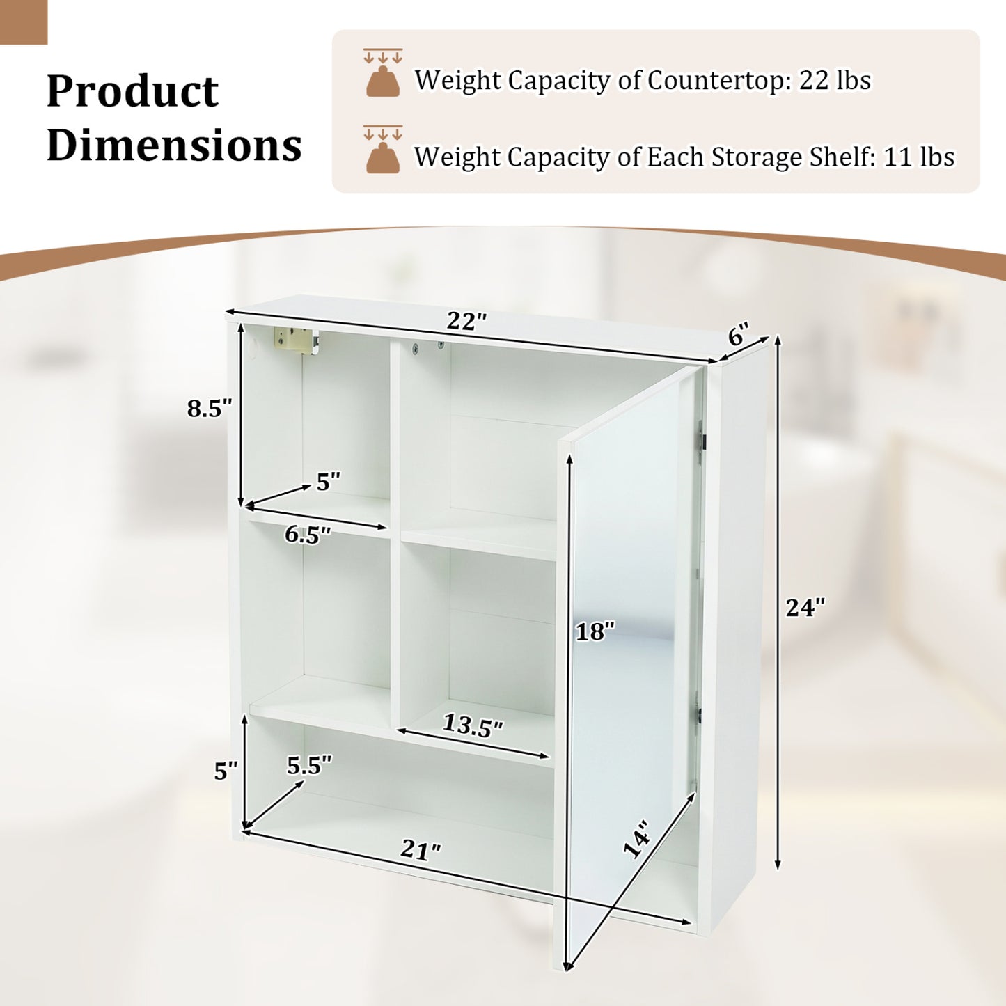 Wall-Mounted Mirror Cabinet, 2 Hidden Shelves, 3 Compartments, White Wall Cabinets at Gallery Canada