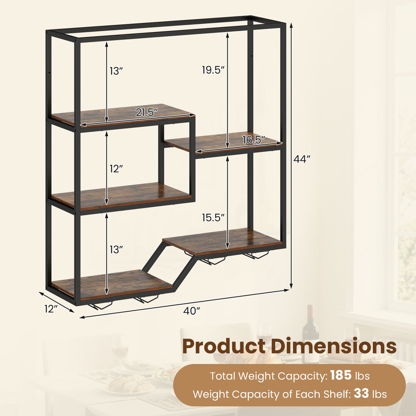 Wall Mounted Wine Rack 6-Tier Hanging Bar Shelf with Bottle Display Shelf and Glass Holder, Rustic Brown Wine Racks at Gallery Canada